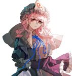  1girl :| blue_hat blue_kimono blue_ribbon center_frills closed_mouth expressionless frills hat highres japanese_clothes kimono long_hair long_sleeves looking_at_viewer mob_cap neck_ribbon obi pink_hair purple_sash red_eyes ribbon saigyouji_yuyuko sash sidelighting solo touhou triangular_headpiece upper_body white_background xian_qishui 