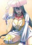  adjusting_clothes adjusting_hat arm_support bead_necklace beads bikini black_hair breasts bridal_gauntlets cleavage earrings fate/grand_order fate_(series) gradient gradient_background hat jewelry large_breasts long_hair looking_to_the_side necklace open_mouth oui_lion prayer_beads ribbon-trimmed_sleeves ribbon_trim shaded_face signature solo sweat swimsuit thighs xuanzang_(fate/grand_order) 