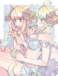 2girls :3 :p ahoge animal_ears bangs bare_shoulders blonde_hair border braid breasts cat_ears cat_tail cleavage criss-cross_halter cup cushion dress eating facial_mark final_fantasy final_fantasy_xiv food frills green_eyes green_hair halterneck heterochromia hiyo_moo holding holding_cup holding_food horns hot_chocolate large_breasts long_hair marshmallow midriff miqo&#039;te miqo'te muffin multiple_girls navel short_hair shorts sitting tail tongue tongue_out twin_braids whisker_markings white_border 