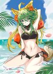  absurdres animal_ears atalanta_(fate) bikini black_bikini blonde_hair breasts cat_ears cat_tail cloud day fate/apocrypha fate_(series) flower green_eyes green_hair hair_between_eyes hair_flower hair_ornament highres long_hair looking_at_viewer medium_breasts multicolored_hair navel outdoors side-tie_bikini sitting sky smile solo strapless strapless_bikini swimsuit tail two-tone_hair uruzu very_long_hair wariza water 