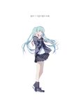  aqua_eyes aqua_hair bangs black_footwear black_skirt boots closed_mouth copyright_name cross-laced_footwear full_body grey_scarf hajimete_no_koi_ga_owaru_toki_(vocaloid) hand_up hatsune_miku highres jacket lace-up_boots light_smile long_hair looking_at_viewer open_clothes open_jacket pleated_skirt scarf sidelocks simple_background skirt solo song_name spencer_sais standing translated twintails very_long_hair vocaloid white_background 