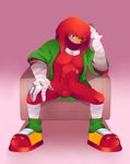  abs anthro balls bandage barazoku biceps bottomless clothed clothing echidna erection footwear gloves hand_on_head hi_res knuckles_the_echidna looking_at_viewer male mammal manly monotreme mostly_nude muscular nanamii nude one_eye_closed pecs penis purple_eyes shirt shoes sitting smile solo sonic_(series) sonic_boom spikes spread_legs spreading triceps vein veiny_penis video_games 