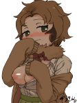  1girl :3 absurdres bangs blush bow bowtie breasts breasts_outside brown_hair buttons cardigan closed_mouth fur_collar grey_eyes half-closed_eyes hand_to_own_mouth hands_up highres kemono_friends long_sleeves masuyama_ryou medium_breasts nipples no_bra nose_blush off_shoulder open_cardigan open_clothes open_shirt parted_bangs shirt short_hair sidelocks signature simple_background sleeves_past_wrists sloth_(kemono_friends) smile solo upper_body white_background white_shirt 