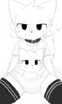 ambiguous_gender animal_genitalia anthro biped blush blush_lines boy_kisser_(meme) chano cheek_tuft clothing collar covering covering_crotch facial_tuft felid feline_genitalia fluffy fluffy_tail genitals hi_res legwear mammal meme oversized_clothing oversized_shirt oversized_topwear shirt silly_cat_(mauzymice) solo spread_legs spreading tail thigh_highs topwear tuft