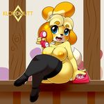  2017 animal_crossing anthro areola black_nose blue_eyes breasts canine clothing crossed_legs dog female footwear hair hi_res holding_object holding_phone isabelle_(animal_crossing) kloudmutt legwear looking_at_viewer mammal nintendo nipples open_mouth phone shih_tzu shoes sitting solo video_games 