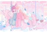  2girls alternate_costume animal_ear_fluff animal_ears anklet arknights barefoot blonde_hair blue_butterfly blue_dress bug butterfly carousel closed_eyes closed_mouth collar commentary dress fox_ears fox_girl fox_tail highres jewelry kitsune kyuubi long_dress long_hair morte_(arknights) multiple_girls multiple_tails one_eye_closed pajamas pants pink_pajamas pink_pants pink_shirt purple_eyes purple_hair red_medicine shamare_(arknights) shirt sitting stuffed_wolf suzuran_(arknights) suzuran_(pajamas)_(arknights) tail toes 