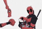  3boys animal belt black_bodysuit black_choker black_gloves bodysuit brown_belt choker cosplay daredevil daredevil_(netflix) deadpool deadpool_(cosplay) deadpool_(series) fake_horns fang fins fish_tail gloves half-closed_eyes helmet holding holding_animal holding_helmet holding_mask horned_helmet horns jeff_the_land_shark katana looking_at_another looking_at_viewer marvel marvel_cinematic_universe marvel_rivals mask multiple_boys pocket red_bodysuit red_mask shark shark_tail simple_background spider-man spider-man_(series) spider_web_print superhero_costume sword tail two-tone_bodysuit upper_body weapon weapon_on_back white_background wristband yamuoez 
