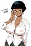  adjusting_eyewear bangs black_eyes black_hair blunt_bangs bob_cut breasts bursting_breasts button_gap cleavage collarbone collared_shirt covered_nipples dark_skin dated earrings egyptian glasses jewelry large_breasts looking_at_viewer nefertari_(tsukudani) no_bra original over-rim_eyewear partially_unbuttoned pyramid semi-rimless_eyewear shirt short_hair signature simple_background smile solo tight_shirt tsukudani_(coke-buta) very_short_hair white_background 