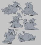 2022 80sarchosaur anthro belly big_belly charmander charmeleon eeveelution female generation_1_pokemon generation_7_pokemon greyscale group hi_res kangaskhan litten monochrome nintendo oral_vore overweight pokemon pokemon_(species) ponyta vaporeon vore