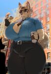 absurd_res ambiguous_gender anon anthro belt beverage big_breasts blush breasts canid canine canis clothed clothing coffee crumbs curvy_figure dessert domestic_dog doughnut duo eating eyewear female food hi_res k9_(kissxmaker) kissxmaker larger_female mammal pastry police police_officer public shirt size_difference smaller_ambiguous sunglasses topwear unbuttoned_shirt voluptuous wide_hips