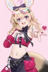  1girl :d ahoge animal_ear_fluff animal_ears belt black_belt black_pants black_shirt blonde_hair blowing_kiss blush bow braid center_frills club_(shape) club_facial_mark club_hair_ornament collared_shirt cowboy_shot crop_top cropped_shirt crossed_legs dice_hair_ornament double-parted_bangs facial_mark fox_ears fox_girl fox_tail frills gyaru_w hair_between_eyes hair_bow hair_ornament hair_over_shoulder hairclip heart heart-shaped_pupils heart_facial_mark heart_hair_ornament highres hololive hololive_idol_uniform_(color_rise) long_hair looking_at_viewer mark_under_eye midriff_peek multicolored_hair multicolored_shirt navel official_alternate_costume omaru_polka open_mouth pants pink_background pink_hair pink_overskirt playing_card_theme purple_eyes reaching reaching_towards_viewer red_shirt shirt side_braid simple_background single_braid single_sleeve smile solo spade_(shape) spade_facial_mark spade_hair_ornament streaked_hair symbol-shaped_pupils tail takotobuta virtual_youtuber white_shirt 