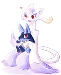  &lt;3 3_toes ambiguous_gender cute digital_media_(artwork) duo fur happy hug lucario mienshao nintendo pawpads paws pok&eacute;mon purple_fur red_eyes shioppoihito simple_background small_(disambiguation) smile spikes toes video_games white_background 