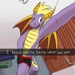  anthro black_underwear blonde_hair briefs bulge clothed clothing discarded_clothing dragon english_text fitting_room fuze hair hi_res high-angle_view horn looking_at_viewer male membranous_wings open_mouth purple_eyes purple_scales scales scalie selfie snapchat solo spyro spyro_the_dragon text topless underwear video_games western_dragon wings 