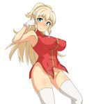  1girl blonde_hair blue_eyes blush bottomless breasts erect_nipples large_breasts no_panties regalia_the_three_sacred_stars simple_background solo thighhighs white_background yuinshiel_asteria 