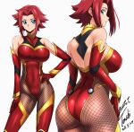  1girl artist_name ass back bare_shoulders breasts brown_pantyhose closed_mouth code_geass commentary_request commission contrapposto covered_navel fishnet_pantyhose fishnets gloves gold_trim hair_intakes hand_on_own_hip highres kouzuki_kallen large_breasts leotard looking_at_viewer mecha_pilot_suit multiple_views pantyhose pixiv_commission red_gloves red_hair red_leotard short_hair sideways_glance simple_background white_background yoo_tenchi 