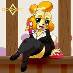  2017 animal_crossing anthro black_nose blue_eyes breasts canine cleavage clothed clothing crossed_legs dog female footwear hair hi_res holding_object holding_phone isabelle_(animal_crossing) kloudmutt legwear looking_at_viewer mammal nintendo open_mouth phone shih_tzu shoes sitting solo video_games 