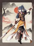  1girl absurdres argyle argyle_legwear arm_up armor black_boots black_legwear blue_hair boots border breastplate cloud collarbone eyebrows_visible_through_hair fire_emblem frogbians full_body grey_border hair_ornament japanese_clothes long_hair looking_to_the_side mountain naginta obi oboro_(fire_emblem_if) outdoors outstretched_arm pantyhose polearm ponytail red_eyes sash short_sleeves sky smile solo staff standing standing_on_one_legs sun tied_hair tree vambraces weapon 