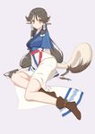  :o absurdres ainu_clothes animal_ears aruruw black_hair dog_ears full_body hair_tubes highres icarus_(632247131) long_hair looking_at_viewer low-tied_long_hair lying older on_side sash solo tail utawareru_mono very_long_hair yellow_eyes 