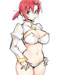  bikini boudica_(fate/grand_order) breasts cleavage fate/grand_order fate_(series) gebyy-terar green_eyes juliet_sleeves large_breasts layered_bikini long_sleeves looking_at_viewer navel o-ring ponytail puffy_sleeves red_hair short_hair shrug_(clothing) simple_background sketch solo swimsuit white_background white_bikini 