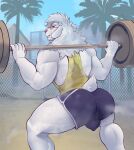 anthro athletic_wear balls_outline big_butt bodily_fluids bottomwear bovid bulge butt caprine clothing detailed_background detailed_bulge exercise eyewear freakdan1el fur genital_outline genitals glasses gym_bottomwear gym_shorts hi_res male mammal musk musk_clouds outside perineum rear_view sheep shirt shorts solo sweat sweat_stain sweatdrop sweaty_legs sweaty_thighs tail tank_top topwear wearing_glasses weightlifting weights white_body white_fur workout