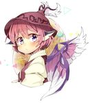  abe_suke animal_ears bangs blush collaboration commentary eyebrows_visible_through_hair from_side hair_between_eyes hat highres ini_(inunabe00) looking_at_viewer looking_to_the_side mystia_lorelei pink_hair purple_eyes short_hair signature slit_pupils solo touhou upper_body white_background wings 