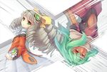  bow cravat dunceneygak emerada_(xenogears) expressionless goggles goggles_on_head green_eyes green_hair grey_hair hair_bow long_hair looking_at_viewer maria_balthasar multiple_girls navel orange_shirt red_skirt ringlets scarf shirt skirt smile tan upside-down white_skirt xenogears yellow_bow yellow_eyes 