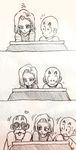  2boys android_18 bald beard comic dragon_ball dragon_ball_z embarrassed expressionless facial_hair heart kuririn long_sleeves looking_at_another monochrome multiple_boys muten_roushi nervous open_mouth panels short_hair silent_comic simple_background sunglasses sweatdrop table tkgsize translation_request 