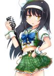  adapted_costume bangs belt black_hair blue_bow bow brown_eyes cowboy_shot eyebrows_visible_through_hair from_side girls_und_panzer green_shirt green_skirt hairband hand_on_hip hat holding idol kitayama_miuki long_hair looking_at_viewer microphone_stand midriff navel parted_lips plaid plaid_shirt plaid_skirt pleated_skirt puffy_short_sleeves puffy_sleeves reizei_mako shirt short_sleeves simple_background skirt solo standing white_background white_hairband white_hat wrist_cuffs 