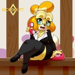  2017 animal_crossing anthro black_nose blue_eyes breasts canine cleavage clothed clothing crossed_legs dog eyewear female footwear glasses hair hi_res holding_object holding_phone isabelle_(animal_crossing) kloudmutt legwear looking_at_viewer mammal nintendo open_mouth phone shih_tzu shoes sitting solo video_games 