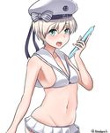  absurdres bikini blue_eyes blush breasts food groin hat highres kantai_collection kiritto looking_at_viewer navel short_hair signature simple_background small_breasts smile solo swimsuit swimwear tupet twitter_username white_background white_bikini white_hair z1_leberecht_maass_(kantai_collection) 