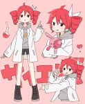  1girl absurdres auhuheben17 black_boots black_eyes black_shorts blush boots bow drill_hair flask full_body grey_hoodie hair_bow hashtag-only_commentary heart highres holding holding_stuffed_toy hood hood_down hoodie kasane_teto kasane_teto_(sv) lab_coat lapels notched_lapels pink_background round-bottom_flask science_(synthesizer_v) short_shorts shorts solo standing stuffed_animal stuffed_rabbit stuffed_toy synthesizer_v twin_drills utau white_bow 