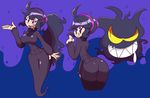  1girl @_@ ahoge al_bhed_eyes alternate_hairstyle ass blue_background breasts dress drooling eyebrows_visible_through_hair eyes_visible_through_hair floating gengar ghost hair_ornament hair_tie hand_up headband hex_maniac_(pokemon) highres large_breasts long_hair long_sleeves looking_to_the_side matching_hair/eyes multiple_views open_mouth pokemon pokemon_(creature) pokemon_rgby pokemon_xy ponytail purple_background purple_dress purple_eyes purple_hair saliva shinyillusionz simple_background smile teeth tied_hair tongue turtleneck two-tone_background yellow_eyes 