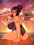  1girl ass bare_shoulders breasts brown_eyes brown_hair character_request large_breasts looking_at_viewer looking_back mei-ling_zhou overwatch plump sitting solo tagme 