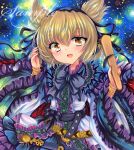  1girl belt black_bow black_bowtie blonde_hair bow bowtie earmuffs embellished_costume frilled_shirt frills holding_baton jacket long_sleeves looking_at_viewer marker_(medium) open_clothes open_jacket pointy_hair rui_(sugar3) sample_watermark shirt smile solo touhou toyosatomimi_no_miko traditional_media upper_body watermark wide_sleeves yellow_eyes 