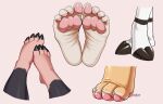 4_toes ambiguous_gender anthro badroy black_body claws domestic_cat eulipotyphlan feet felid feline felis foot_focus foot_shot group hooves humanoid_feet mammal mole_(animal) painted_claws pawpads paws pink_background pink_body plantigrade simple_background standing tan_body toe_claws toes white_body zero_pictured