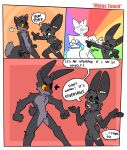 absurd_res annoyed azureus_(oc) black_body black_fur black_sclera canid canine canis cheek_tuft comic dialogue english_text facial_tuft fur grey_body grey_fur grey_pawpads half-closed_eyes heterochromia hi_res humor lagomorph leporid mammal multicolored_body multicolored_fur narrowed_eyes nick_(the_xing1) open_mouth open_smile pawpads paws rabbit red_background simple_background smile smirk smug smug_face speech_bubble text transformation tuft two_tone_body two_tone_fur wide_eyed wolf xing1 yellow_sclera