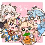  4girls :3 :d ahoge animal_ears blonde_hair blue_coat blue_hair blush border chibi chibi_only coat commentary_request facing_viewer floral_print flower fox_ears fox_girl fur-trimmed_jacket fur_trim green_eyes grey_eyes grey_hair hair_between_eyes hair_flower hair_ornament hands_on_another&#039;s_head hat heart heart_in_eye highres hololive jacket lion_ears lion_girl long_hair looking_at_viewer lulu_(lou_lou0323) momosuzu_nene momosuzu_nene_(1st_costume) multicolored_hair multiple_girls nekko_(momosuzu_nene) nepolabo omaru_polka omaru_polka_(1st_costume) outside_border pink_background pink_hair pinwheel_hair_ornament pleated_skirt purple_eyes shishiro_botan shishiro_botan_(1st_costume) skirt smile symbol_in_eye title translated two-tone_hair very_big_eyes virtual_youtuber white_border x_hair_ornament yukihana_lamy yukihana_lamy_(1st_costume) 