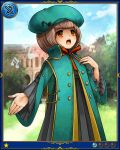  1girl artist_request beret blue_border blunt_bangs border brown_eyes brown_hair chorus_girl coat day dress green_coat green_hat grey_dress hat hat_ornament long_sleeves music musical_note musical_note_hat_ornament official_art open_mouth orange_ribbon outdoors outstretched_arm ribbon shingeki_no_bahamut short_hair singing solo third-party_source 