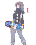  1girl black_jacket blue_eyes blue_pants blush bracelet breasts closed_mouth commentary denim elliemaplefox english_commentary feet_out_of_frame fishnet_pantyhose fishnets from_behind glasses highres holding holding_skateboard jacket jeans jewelry looking_to_the_side medium_breasts medium_hair original pants pantyhose pink_eyes pink_nails print_jacket round_eyewear simple_background skateboard solo torn_clothes torn_jeans torn_pants white_background 