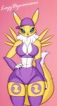 absurd_res anthro bandai_namco black_sclera blue_eyes breasts canid canine clothing countershading digimon digimon_(species) female fur hi_res lazydynamisme legwear mammal pink_background pinup pose renamon simple_background solo tail text thick_thighs thigh_highs white_body white_countershading white_fur wide_hips yellow_body yellow_fur