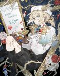  androgynous beret blonde_hair blue_eyes canvas_(object) corset drill_hair drill_ponytail edgar_valden edgar_valden_(golden_ratio) floating flower gold_gloves hat highres holding holding_brush holding_paint_palette holding_paintbrush identity_v otoko_no_ko paint paint_palette paint_tube paintbrush painting_(action) ponytail puffy_shorts red_flower red_rose rose shorts single_drill sinzourrrrr striped_clothes striped_shorts 