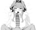 1boy 1girl ahoge bar_censor blush breasts censored completely_nude double_bun erection fellatio from_above greyscale hair_bun hair_intakes hairband heart heart-shaped_pupils hetero highres kantai_collection kneeling kongou_(kancolle) large_breasts licking licking_penis long_hair looking_at_viewer monochrome nipples nude open_mouth oral penis pov sidelocks solo_focus sound_effects sweat symbol-shaped_pupils takaman_(gaffe) tongue tongue_out translated upper_body 