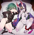  2girls breasts commentary_request dai_yasude fate/grand_order fate_(series) feet green_eyes green_hair highres horns knees looking_at_viewer multiple_girls on_bed one-punch_man revealing_clothes shuten_douji_(fate) small_breasts tatsumaki thick_thighs thighs toes voice_actor_connection yuuki_aoi 
