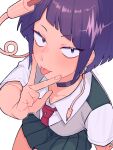  1girl absurdres audio_jack ayuda_ayutaro blush boku_no_hero_academia breasts choker commentary earplugs finger_to_mouth highres jiro_kyoka long_earlobes looking_at_viewer looking_up purple_choker purple_eyes purple_hair school_uniform short_hair signature skirt solo tongue tongue_out u.a._school_uniform v white_background 