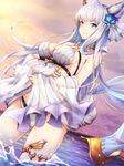  animal_ears bangs bikini blue_eyes blunt_bangs breasts choker cleavage cloud cloudy_sky dutch_angle erune eyebrows_visible_through_hair flower gem granblue_fantasy hair_flower hair_ornament heart highres korwa large_breasts long_hair looking_at_viewer ocean parted_lips see-through shawl silver_hair sky smile solo standing swimsuit toki_(toki_ship8) wading water white_bikini 