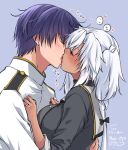  1boy 1girl admiral_(kancolle) black_bow black_hair blush bow breasts closed_eyes dark-skinned_female dark_skin dated french_kiss hair_bow heart highres jewelry kantai_collection kiss large_breasts long_hair mashiro_yukiya military_uniform musashi_(kancolle) musashi_kai_ni_(kancolle) naval_uniform ring short_hair signature tongue upper_body white_hair 