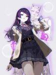  1girl absurdres arm_up belt black_belt cobwvmeti collared_shirt commentary_request cowboy_shot crossover diagonal_bangs diamond_wa_kudakenai fingernails hair_down highres idolmaster idolmaster_shiny_colors jacket jojo_no_kimyou_na_bouken killer_queen long_hair long_sleeves looking_at_viewer nail_polish neck_ribbon open_clothes open_jacket parted_lips pleated_skirt purple_eyes purple_hair purple_nails ribbon shirt skirt stand_(jojo) standing tanaka_mamimi 