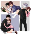  1boy 1girl absurdres ayase_momo black_choker black_hair black_jacket black_pants blue_skirt blush book bow bowtie brown_eyes brown_hair brown_shoes carrying chappyvii choker closed_eyes collared_shirt dandadan earrings english_commentary feet_out_of_frame from_behind from_side full_body gakuran glasses hair_between_eyes hair_ornament hair_scrunchie hand_on_another&#039;s_head highres holding holding_book hood hood_down hoodie hug jacket jewelry kneehighs long_sleeves lying lying_on_person medium_hair miniskirt multiple_views no_shoes on_stomach open_mouth pants pink_sweater pleated_skirt princess_carry purple_shirt red_bow red_bowtie red_eyes round_eyewear school_uniform scrunchie shaded_face shirt shoes short_hair skirt socks sparkle squatting sweat sweatdrop sweater takakura_ken_(dandadan) takakura_ken_(transformed)_(dandadan) transformation twitter_username white_hair white_hoodie white_shirt white_shoes white_socks yellow_scrunchie 