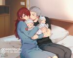  1boy 1girl 2others baby bandaid bandaid_on_face bandaid_on_forehead bed bedroom black_shirt blue_dress blush carrying carrying_baby carrying_person closed_eyes commission couple dress english_commentary father_and_child feet_out_of_frame gloves grey_hair grey_pants hair_over_one_eye hat hat_with_ears heart hetero if_they_mated indoors kirijou_mitsuru kiss kissing_cheek long_hair long_sleeves looking_at_another mother_and_child multiple_others on_bed one_eye_closed pants parted_lips persona persona_3 pillow red_eyes red_hair sanada_akihiko scar scar_on_arm scar_on_head shirt short_hair short_sleeves sitting soc_nau twitter_username 