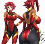  1girl artist_name ass back black_pantyhose bodystocking breasts brown_bodystocking closed_mouth code_geass commentary_request commission contrapposto covered_navel gloves hair_intakes hand_on_own_hip headband highres kouzuki_kallen large_breasts leotard looking_at_viewer mecha_pilot_suit multiple_views pantyhose pixiv_commission red_gloves red_hair red_headband red_leotard short_hair sideways_glance simple_background white_background yoo_tenchi 